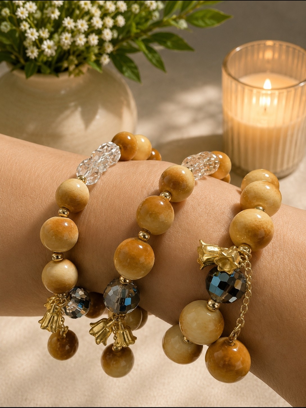 Gold-Tone Amber Beaded Stretch Bracelet Trio